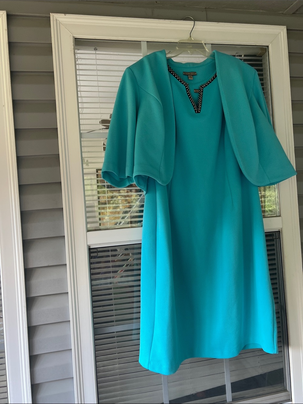 Teal Midi Dress with Cape Sleeve and Embellished Neckline